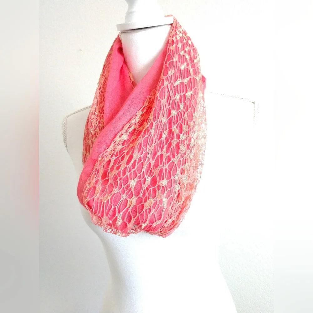 Stunning Fashion Infinity Scarf Peachy Pink with Gold Metallic Netting Overlay
